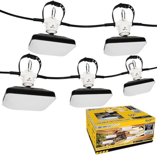GT-Lite 50FT LED Work Light 7500 Lumen 75W LED Damp Location Construction String Lights Linkable for Jobsite Lighting, Adjustable, ETL Listed (5 Light Heads) (7500 Lumen)