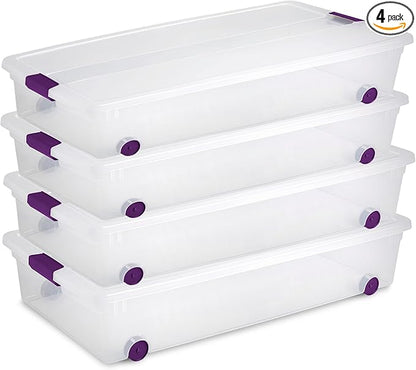 Sterilite 60 Qt ClearView Latch Wheeled Underbed Storage Box, Stackable Bin with Lid, Plastic Container to Organize Underbed, Clear Base, Lid Sweet Plum (Pack of 4)