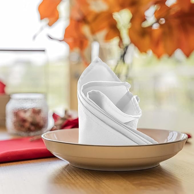 White Cloth Napkins Bulk (Pack of 24) - 100% Polyester Dinner Linen Napkins Cloth Washable & Reusable - Durable with Hemmed Edges - Ideal for Parties and Weddings (17x17 Inches)