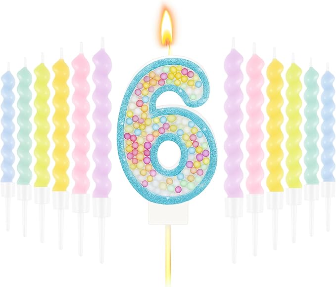 MTLEE Birthday Candle Macaron Glitter 3D Number Candle with 12 Pcs Rainbow Spiral Candles in Holders for Girl Boy Cake Topper Wedding Anniversary Pastel Sweet Theme Party Decoration(Blue,Number 6)