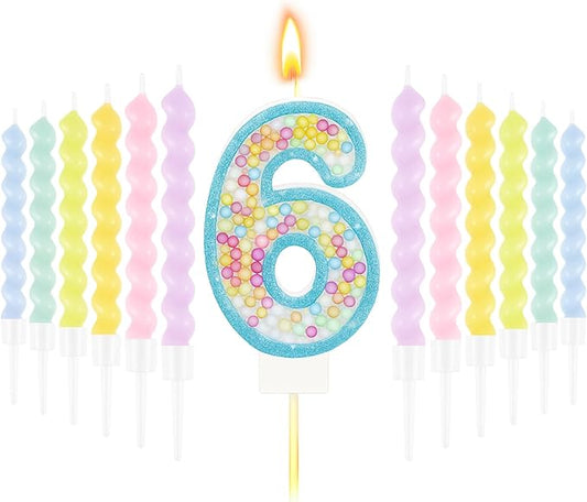 MTLEE Birthday Candle Macaron Glitter 3D Number Candle with 12 Pcs Rainbow Spiral Candles in Holders for Girl Boy Cake Topper Wedding Anniversary Pastel Sweet Theme Party Decoration(Blue,Number 6)