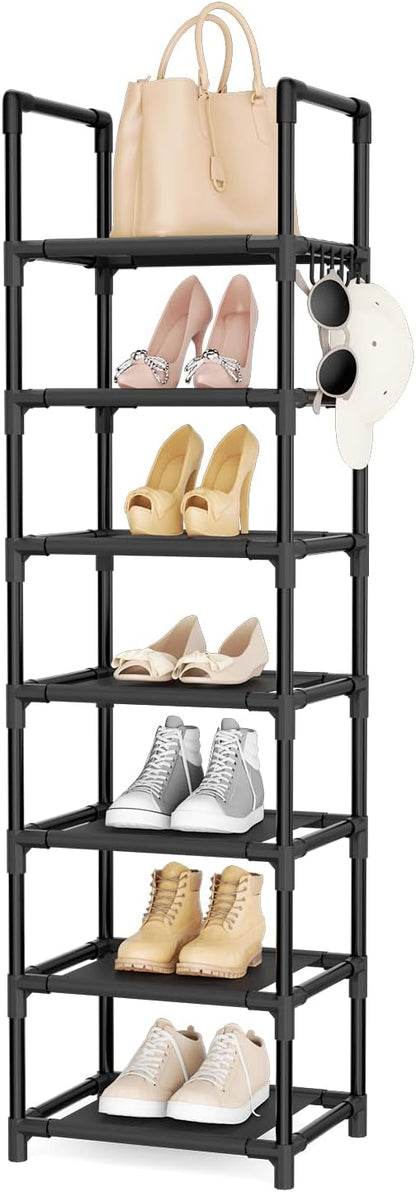 LANTEFUL Tall Shoe Rack 7 Tier Narrow Shoe Shelf Storage for 7-14 Pairs Shoe and Boot, Sturdy Shoe Storage Space Saving Corner Shoe Rack Organizer for Closet, Entryway, Living Room, Brown