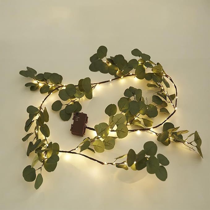 6Ft Fairy Light Faux Eucalyptus Leaf Garland,Vines Lights Artificial Greenery Garland for Christmas Table Fireplace Mantle Decor Spring（Batteries Not Included）