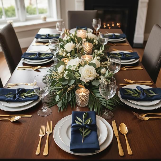 D'Moksha Homes Navy Blue Linen Napkins Set of 4 - Classic Hemstitch 100% Pure Linen Hemstitch Dinner Napkins 20 x 20 Inch for Winter, Christmas, Holiday - Handcrafted and Machine Washable