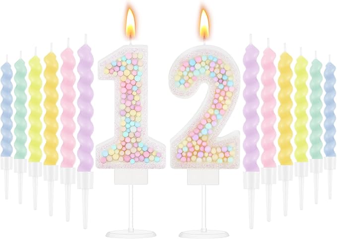MTLEE Number 12 Birthday Candle with 12 Pcs Spiral Candles for Girls Macaron Pastel Rainbow Unicorn Pink Cake Topper for Sweet Theme Party Decoration