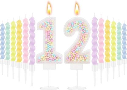 MTLEE Number 12 Birthday Candle with 12 Pcs Spiral Candles for Girls Macaron Pastel Rainbow Unicorn Pink Cake Topper for Sweet Theme Party Decoration