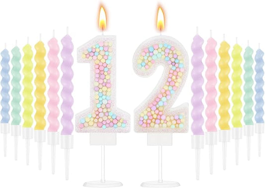 MTLEE Number 12 Birthday Candle with 12 Pcs Spiral Candles for Girls Macaron Pastel Rainbow Unicorn Pink Cake Topper for Sweet Theme Party Decoration