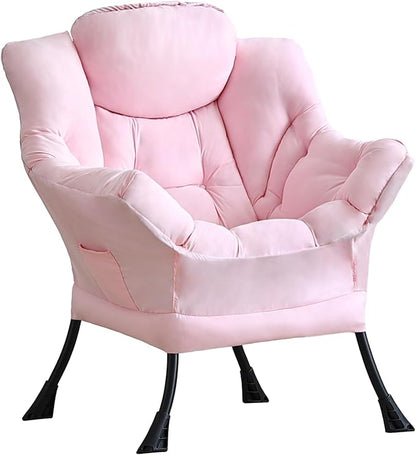LITA Lazy Chair with Armrests and Side Pocket, Modern Upholstered Accent Reading Chair for Living Room, Bedroom, Dorm, Small Spaces, Single Pink