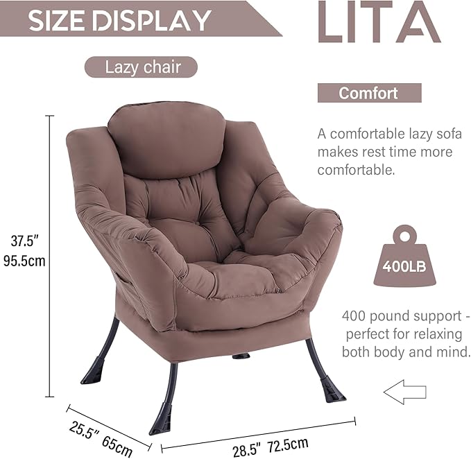 LITA Lazy Chair with Armrests and Side Pocket, Modern Upholstered Accent Reading Chair for Living Room, Bedroom, Dorm, Small Spaces, Single Dark Brown