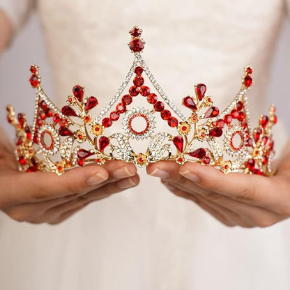 Wekicici Baroque Queen Crown Red Crystal Tiara Rhinestone Princess Wedding Headband for Women Birthday Pageant Party(Red)