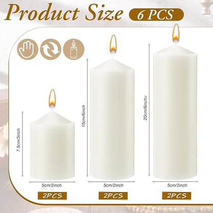 MTLEE 6 Pcs Pillar Candles 3 Set 2 in x 3, 6, 8 Inch Smokeless Dripless Unscented Pillar Candles Long Clean Burning Wax for Wedding Dinner Party Spa Emergency Ceremony Home Decor(White)