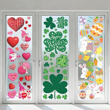 Valentines Day Window Clings for Valentines Decorations, Reusable Static Shamrock Window Clings for St Patricks Day Decorations, Easter Decor for Home, Bathroom and Office