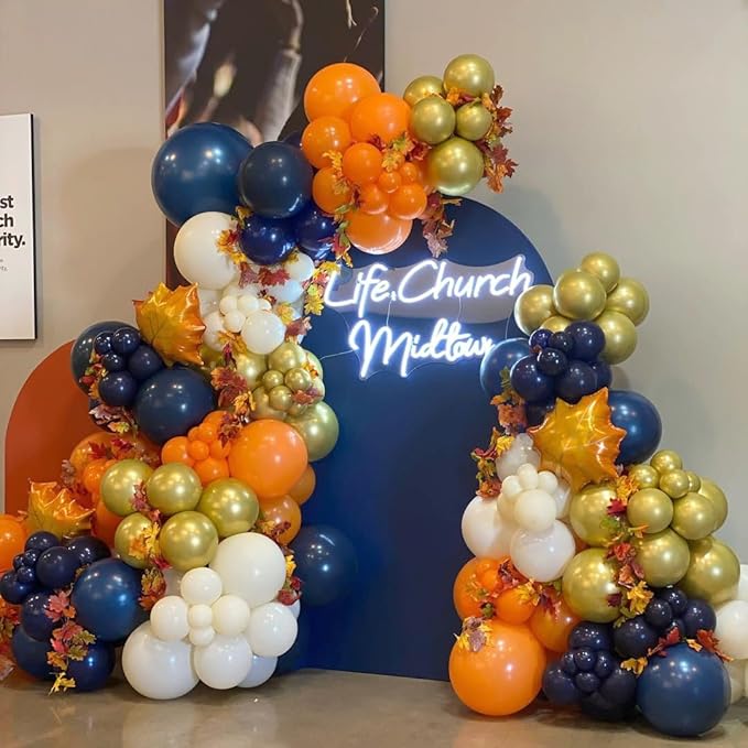 Blue and Orange Balloons Arch Kit, 162pcs Orange Navy Blue White Metallic Gold and Confetti Balloons for Graduation Baby Shower Fall Thanksgiving Birthday Party Decorations