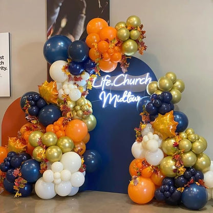 Blue and Orange Balloons Arch Kit, 162pcs Orange Navy Blue White Metallic Gold and Confetti Balloons for Graduation Baby Shower Fall Thanksgiving Birthday Party Decorations