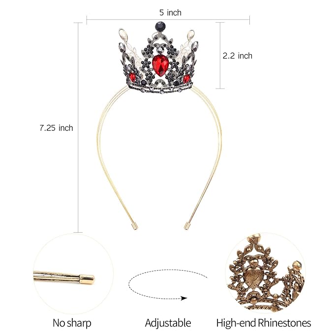 VELSCRUN Black Red Crystal Tiara Headband, Crowns for Women, Princess Girls Tiaras, Royal Queen Crown Princess Quinceanera Headpieces for Birthday Prom Bride Wedding Pageant Party Hair Band