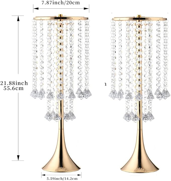 21.88in Gold Wedding Centerpieces for Tables, 2pcs Wedding Flower Stand with Crystal Bead, Metal Tall Vases for Centerpieces Birthday Party Event Decoration
