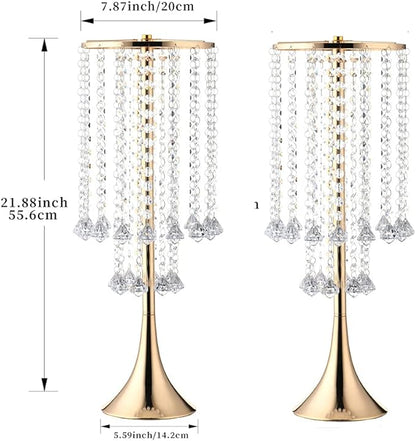 21.88in Gold Wedding Centerpieces for Tables, 2pcs Wedding Flower Stand with Crystal Bead, Metal Tall Vases for Centerpieces Birthday Party Event Decoration