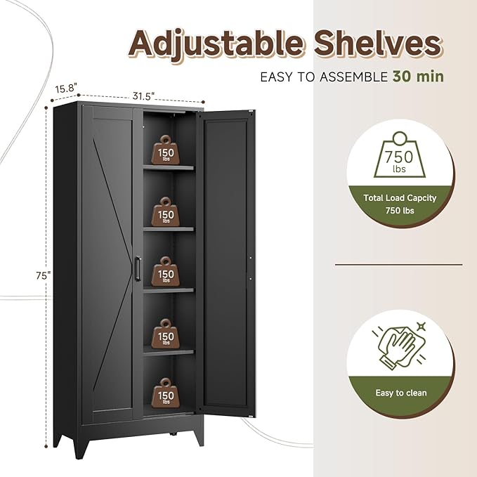Letaya 75" H Metal Storage Cabinet with 2 Doors and 4 Shelves,Tall Kitchen Pantry Cabinets,Farmhouse Utility Pantry Organizers for Cupboard/Dining/Bathroom/Home Office/Garage Room,Black