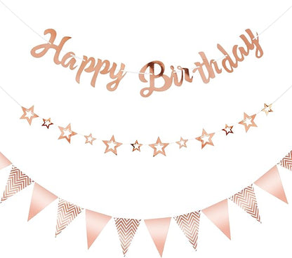 CANREVEL 3 PCS Rose Gold Happy Birthday Banners, Hanging Stars Garland and Pennant Banner Flags, Rose Gold Party Decorations, Rose Gold Party Supplies for Women Men Girls Boys Adult