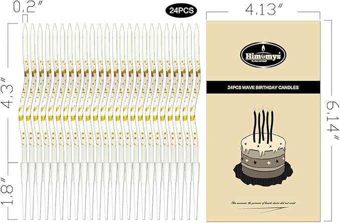 White Spiral Long Thin Birthday Candles for Cake – Metallic Cake Decorations, Happy Birthday Candles with Holders, Long Lasting & Safe (24, White+Gold Spots)