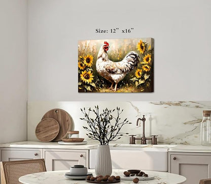 ZOIYINO Farmhouse Rooster Wall Art,Chicken Farm Kitchen Wall Art,Rustic Sunflower Chicken Barn Pictures Wall Decor,Sunflower Rooster Poster for Kitchen Bathroom Dining Room Decor(16"x12")
