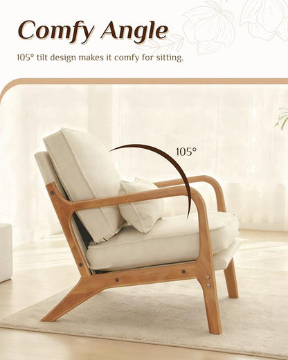 Karl home Accent Chair Mid-Century Modern Chair with Pillow Linen Fabric Upholstered Lounge Arm Chair with Solid Wood Frame & Soft Cushion for Living Room, Bedroom, Balcony, Beige