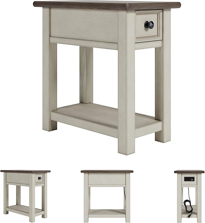Signature Design by Ashley Bolanburg Chairside End Table With Charging Station, Two-Tone Wood Accent Table With Drawer Storage, Plank Top Design for Living Room or Bedroom, Antique White