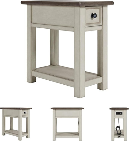Signature Design by Ashley Bolanburg Chairside End Table With Charging Station, Two-Tone Wood Accent Table With Drawer Storage, Plank Top Design for Living Room or Bedroom, Antique White