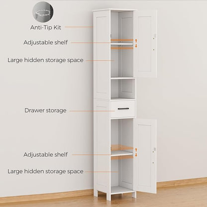 Homhedy 67" H Tall Bathroom Storage Cabinet with 2 Barn Doors and 1 Drawer, Narrow Storage Unit, Adjustable Shelves, Floor Cabinet for Bathroom, Living Room, Entryway, Kitchen, White, (11.8" W)