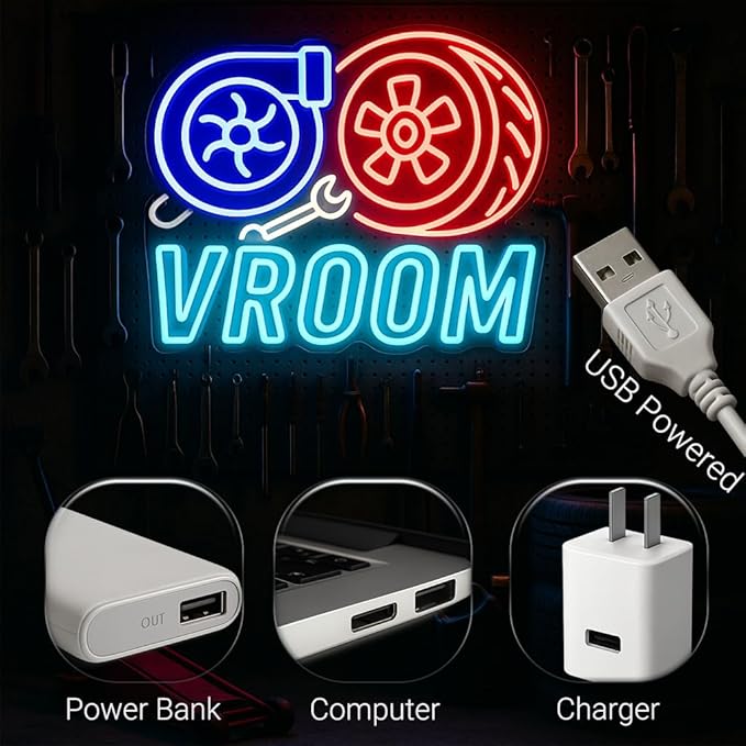VROOM Neon Sign for Car Lovers - 15.7’’ × 12.6’’ LED Wall Light with Turbo & Tire Design, USB Powered, Dimmable Garage Decor for Man Cave, Racing Room, Gamer Setup, Auto Enthusiast Gift