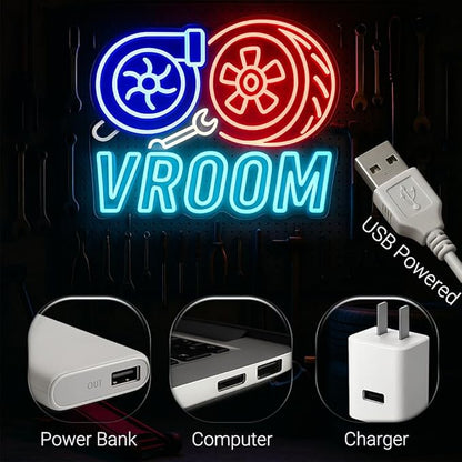 VROOM Neon Sign for Car Lovers - 15.7’’ × 12.6’’ LED Wall Light with Turbo & Tire Design, USB Powered, Dimmable Garage Decor for Man Cave, Racing Room, Gamer Setup, Auto Enthusiast Gift