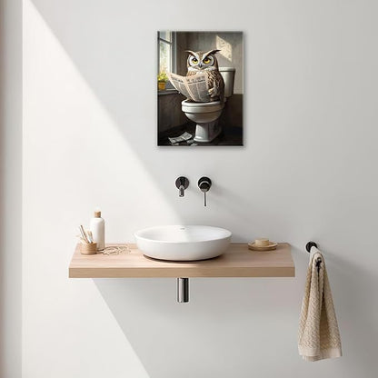 Owl Bathroom Wall Art, Funny Owl Toilet Pictures Wall Decor, Bird Canvas Prints, Animal Painting, Framed Artwork for Bathroom Living Room Bedroom Office Dining Room 24"X20"