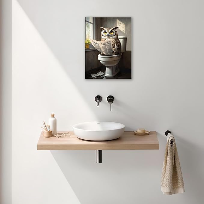 Owl Bathroom Wall Art, Funny Owl Toilet Pictures Wall Decor, Bird Canvas Prints, Animal Painting, Framed Artwork for Bathroom Living Room Bedroom Office Dining Room 16"X12"