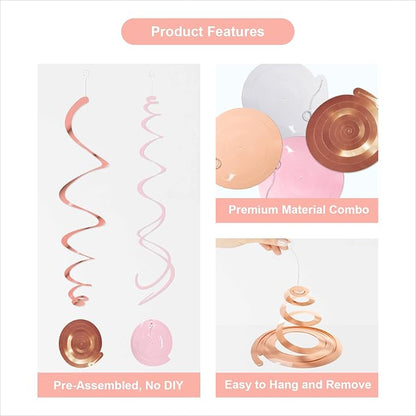 Pink Hanging Swirl Decorations for Party – 42PCS Rose Gold Foil Ceiling Streamers with Hooks for Birthday, Bridal Shower, Bachelorette, Holiday Celebrations