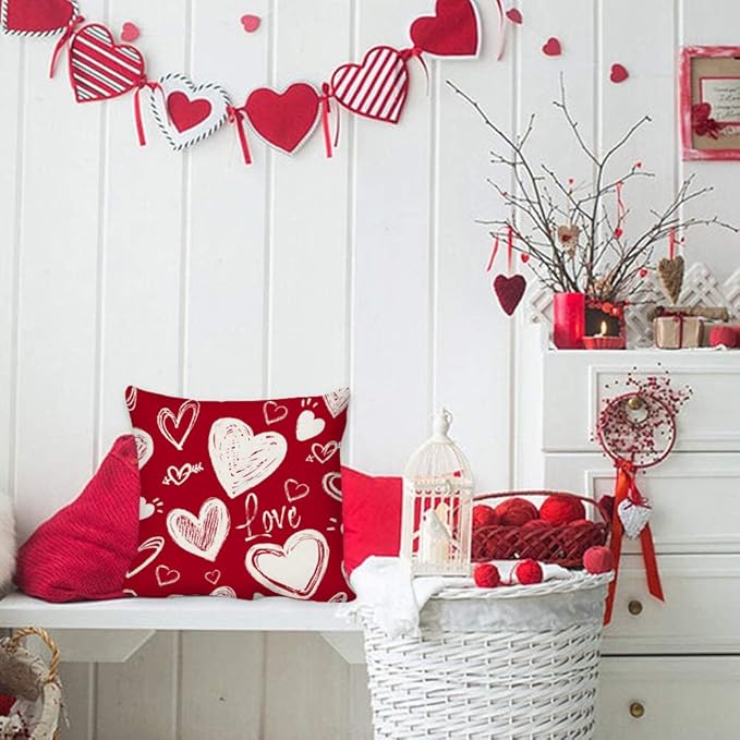 GEEORY Happy Valentine's Day Love Throw Pillow Covers 18x18 Inch Set of 4, Hearts Polka Dots Decorative Farmhouse Wedding Cushion Case for Home Decoration (Red) G662-18