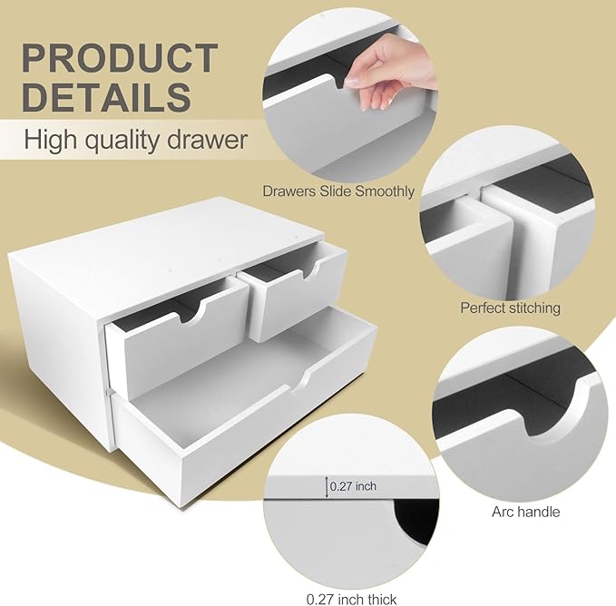 Bamboo Desk Organizer with 3 Drawers, Countertop Organizer with Drawers Makeup Storage Drawer 3 Drawer Tabletop Storage Organization Box Home Office Workspace（White）