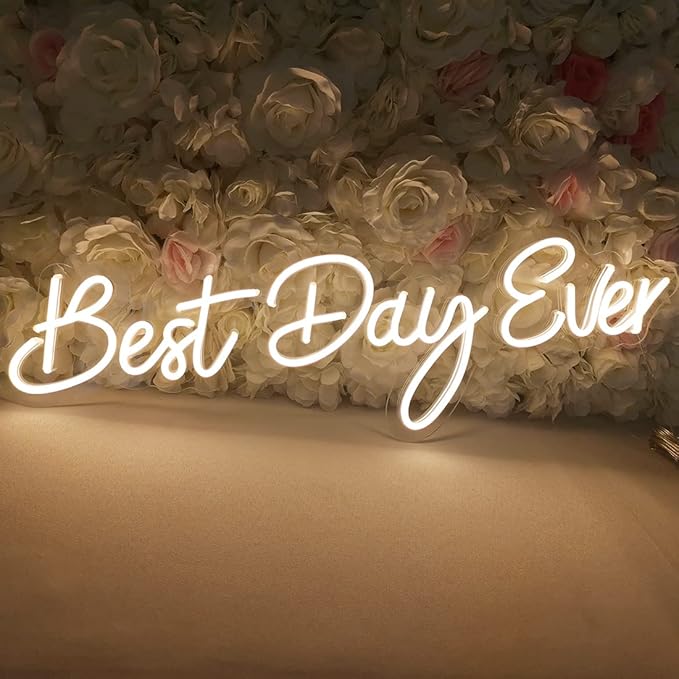 SYLHOME Large LED Neon Light Signs 12V Best Day Ever 26"X7.9" Wedding Ceremony Party Birthday Art Wall Backdrop Sign Decor, for Bedroom Home Bar Pub Neon Night Light Warm White