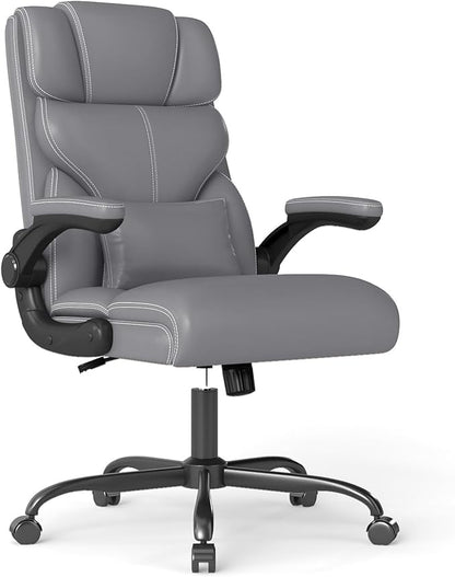 Executive Office Chair with Flip-up Armrests,Ergonomic Computer Desk Chairs,Mid-Tall Back Leather Office Chair 400 Lbs,Lumbar Support Swivel PC Chair with Rocking Function
