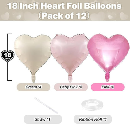 Pink White Heart Balloons, 12PCS Baby Pink Cream Heart Foil Balloons, Pastel Pink Light Pink White Heart Shaped Mylar Balloons for Girls Women Birthday Baby Shower Wedding Valentine's Party Decoration