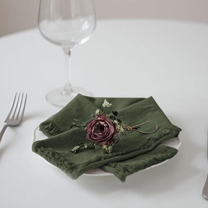 Handmade Cloth Napkins 100% Cotton Napkins with Fringe，Delicate Handmade Cloth Napkins for Dinners, Parties, Weddings and More，18 x 18 Inch Set of 4 - Olive Green