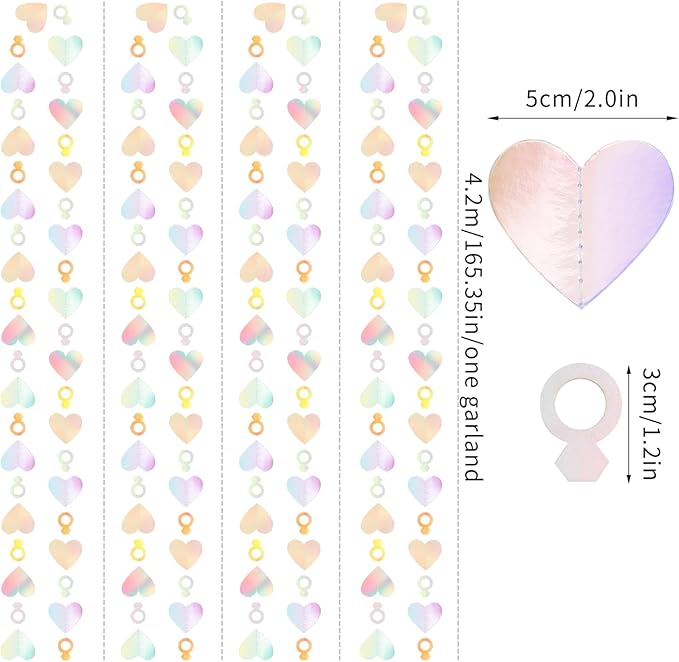 Engagement Bachelorette Party-Decorations Iridescent Heart-Ring Garland - 52Ft Holographic Disco Wedding Paper Streamers Banner,Galentines Proposal Decor Lasting Surprise