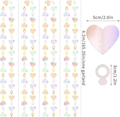 Engagement Bachelorette Party-Decorations Iridescent Heart-Ring Garland - 52Ft Holographic Disco Wedding Paper Streamers Banner,Galentines Proposal Decor Lasting Surprise