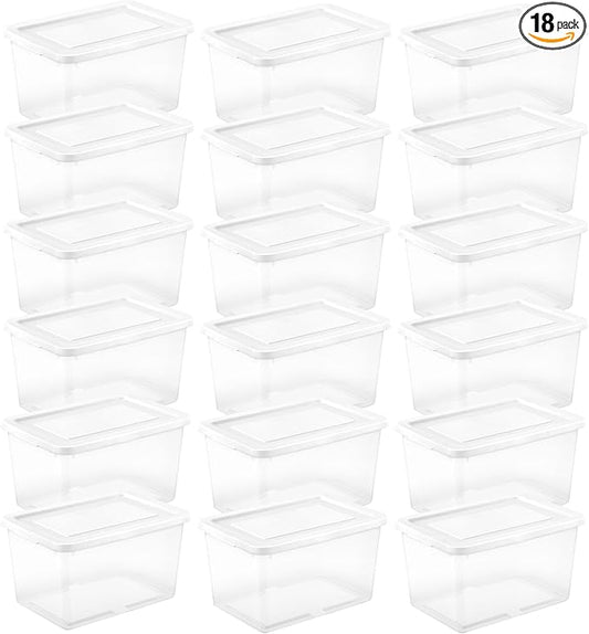 Sterilite 18 Pack Storage Boxes, Clear Plastic Stackable Containers, Lightweight Home Organizers with Snap Lids, 20 Quart, White