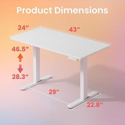 HUANUO 43 x 24 inch Electric Standing Desk Adjustable Height, 4 Memory Height Settings, Sit Stand Up Desk for Home Office & Computer Workstation, White