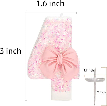 Birthday Candle for Cake, 4 Candle - Pink Glitter with Bowknot, 2.76 inch Happy Birthday Candle, Cake Topper Decoration for 4 Years Old Birthday Party (Number 4)