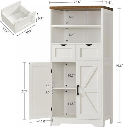 TEENFON Storage Cabinet with Doors & 2 Drawers, Kitchen Cabinet with Adjustable Shelf, Pantry Cabinets, Bathroom Cabinets, for Living Room, Entryway, Home Office, White