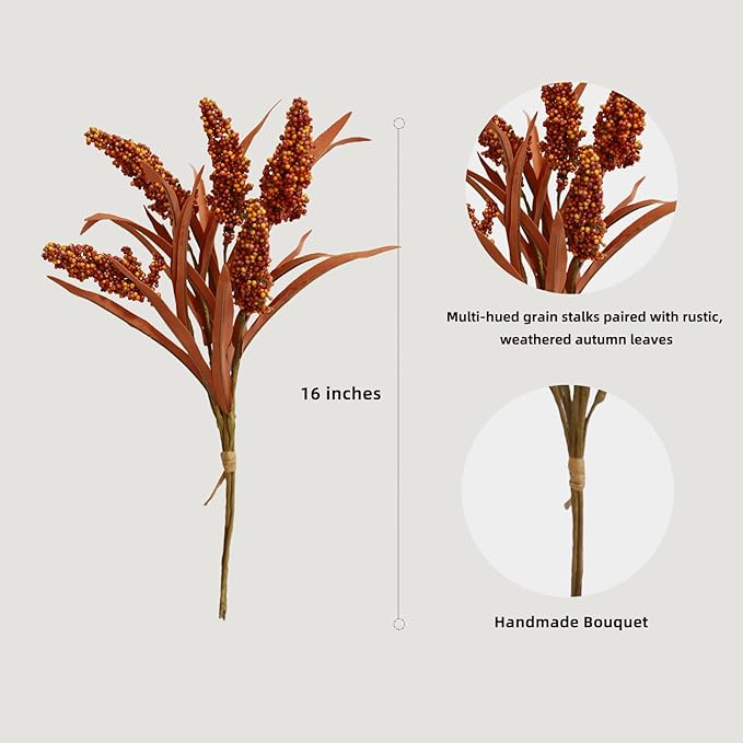 KBREE 16" Artificial Fall Grain Bundles for Thanksgiving Decoration, 4 Packs Rustic Harvest Sheaves with Aged Leaves, Faux Grain Bouquets for Thanksgiving Table Centerpiece, Farmhouse Decor (Russet)