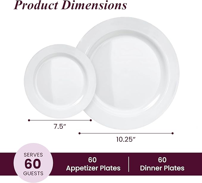 120 White Plastic Plates Disposable, Heavy Duty for Party - 60 Dinner Plates 10-Inch and 60 Salad Dessert Appetizer Plates 8-Inch, Hard Party Plate Elegant Holiday Parties, White Plates Disposable