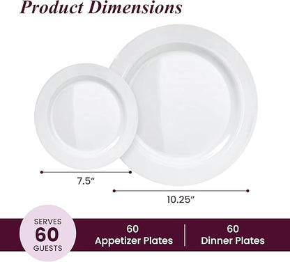 120 White Plastic Plates Disposable, Heavy Duty for Party - 60 Dinner Plates 10-Inch and 60 Salad Dessert Appetizer Plates 8-Inch, Hard Party Plate Elegant Holiday Parties, White Plates Disposable