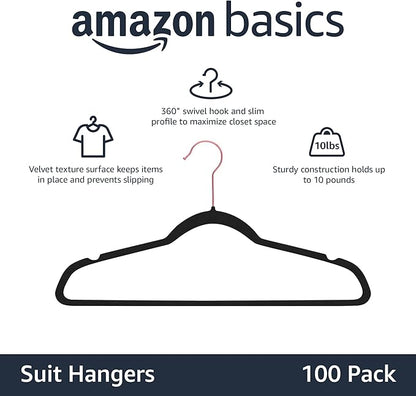 Amazon Basics Slim Velvet Non-Slip Space Saving Suit Clothes Hangers, Closet Organizer, Black/Rose Gold, 100-Pack